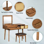 43" Brown Classic Makeup Vanity Set with Flip-Top Mirror & Upholstered Stool