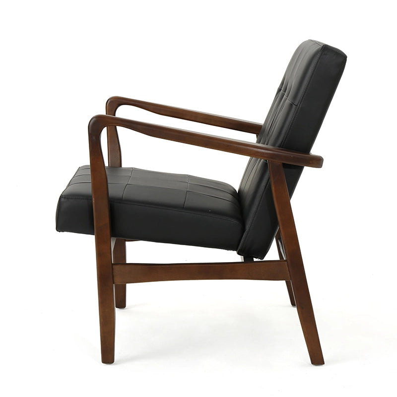 Fauteuil d'appoint en similicuir noir style milieu du siècle avec structure en bois