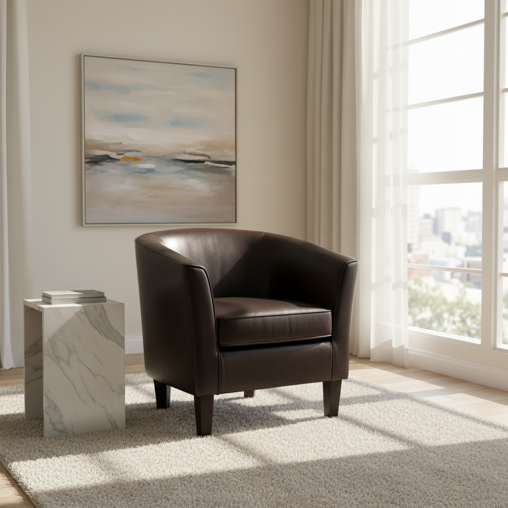 Modern Brown Faux Leather Accent Chair with Curved Backrest