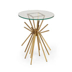 Round Glass and Gold Metal Side Table with Sunburst Base Design