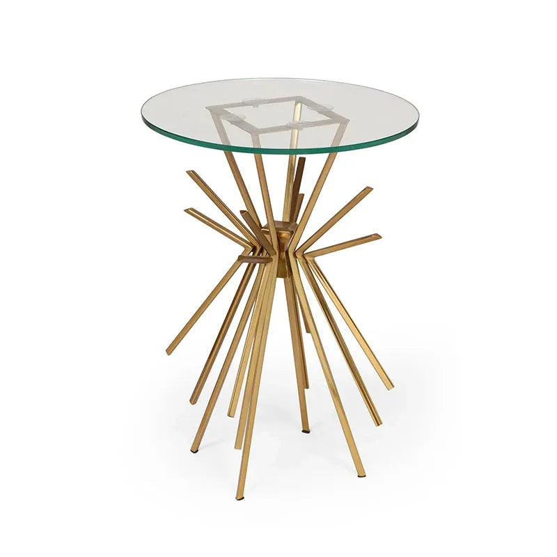 Round Glass and Gold Metal Side Table with Sunburst Base Design