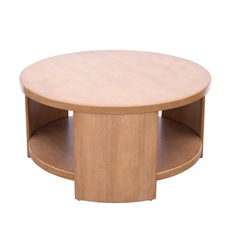 Moderner runder Couchtisch aus mattem Holz mit offenem Ablagefach