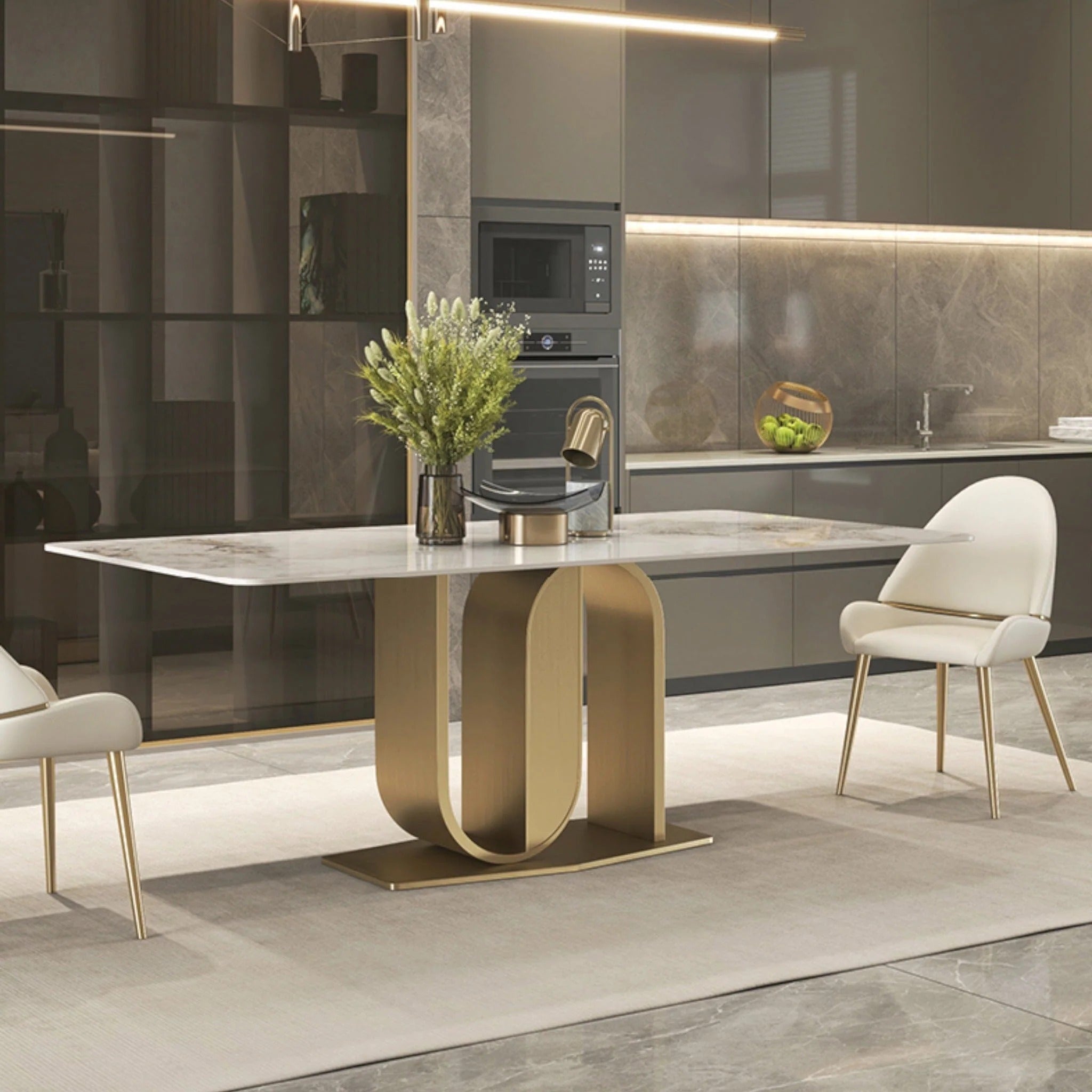 Rectangle Sintered Stone Dining Table with Gold U-Shaped Pedestal Base