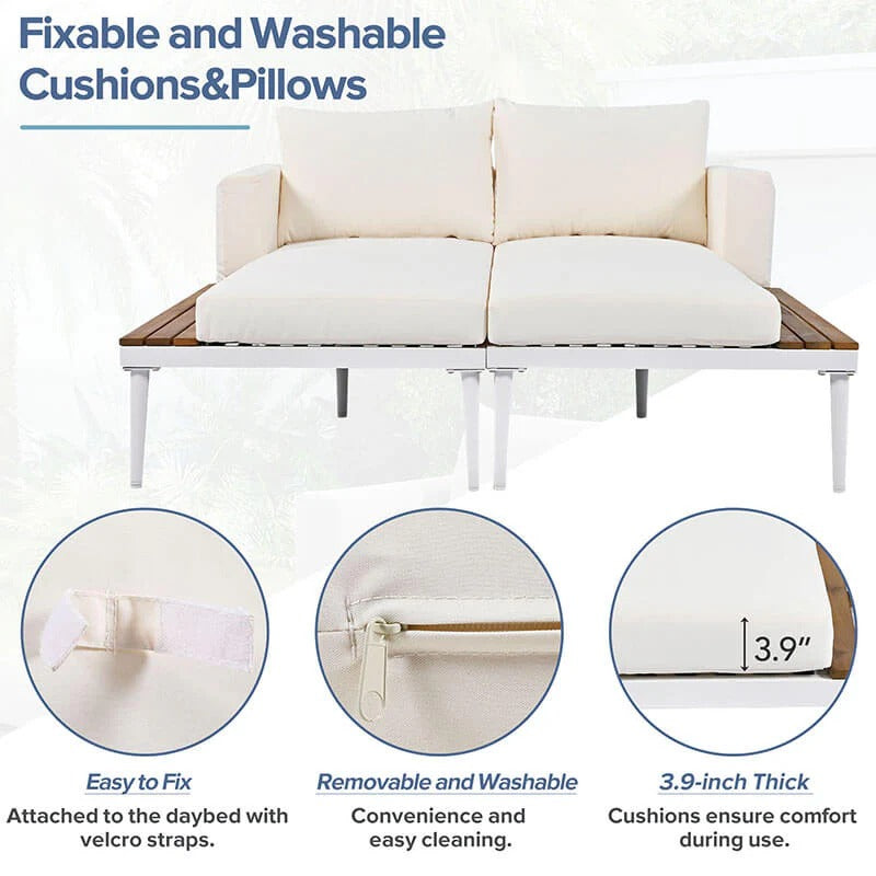 Lit de jour d'extérieur moderne beige 2 en 1 avec espace latéral recouvert de bois