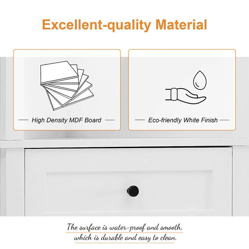 Tall White Bathroom Corner Cabinet with 3 Drawers & Adjustable Shelves