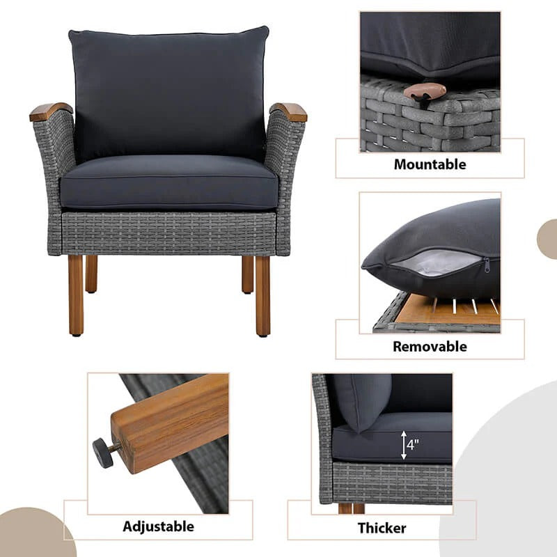 9-Piece Gray Rattan Patio Conversation Set with Acacia Wood Legs & Cushions