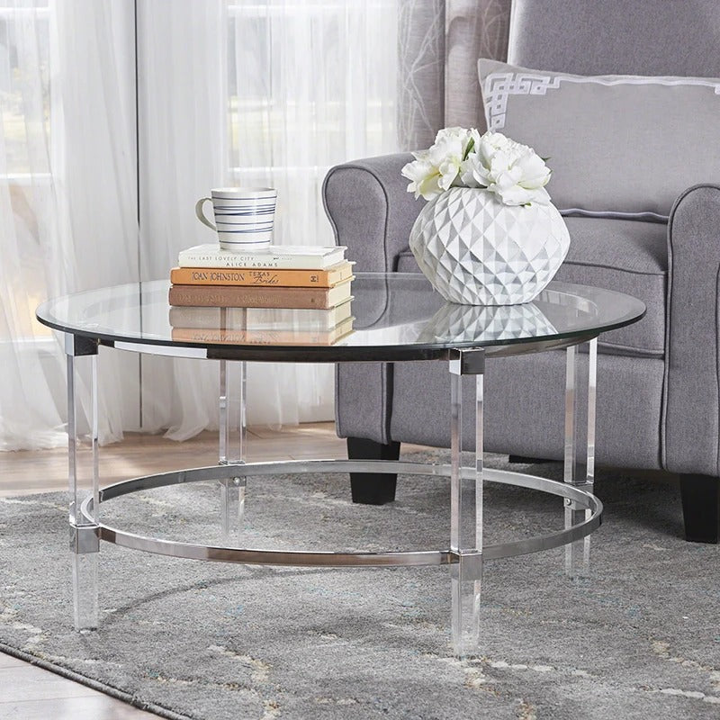 Round Clear Glass Coffee Table with Acrylic and Iron Accents in Modern Design