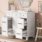 36" White Bathroom Vanity with Resin Sink, 6 Drawers & Soft-Close Cabinet