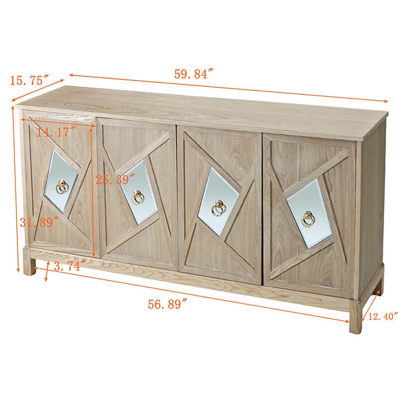Modern 4-Door Storage Cabinet with Mirrored Decorative Doors & Shelves