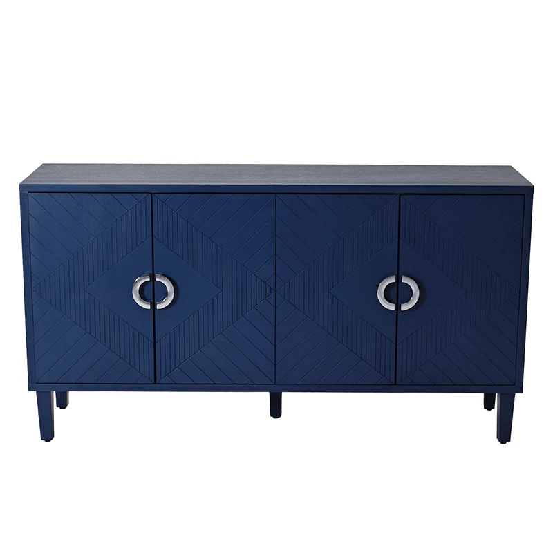 Modern Navy Blue Four-Door Cabinet with Pine Legs and Four Shelves
