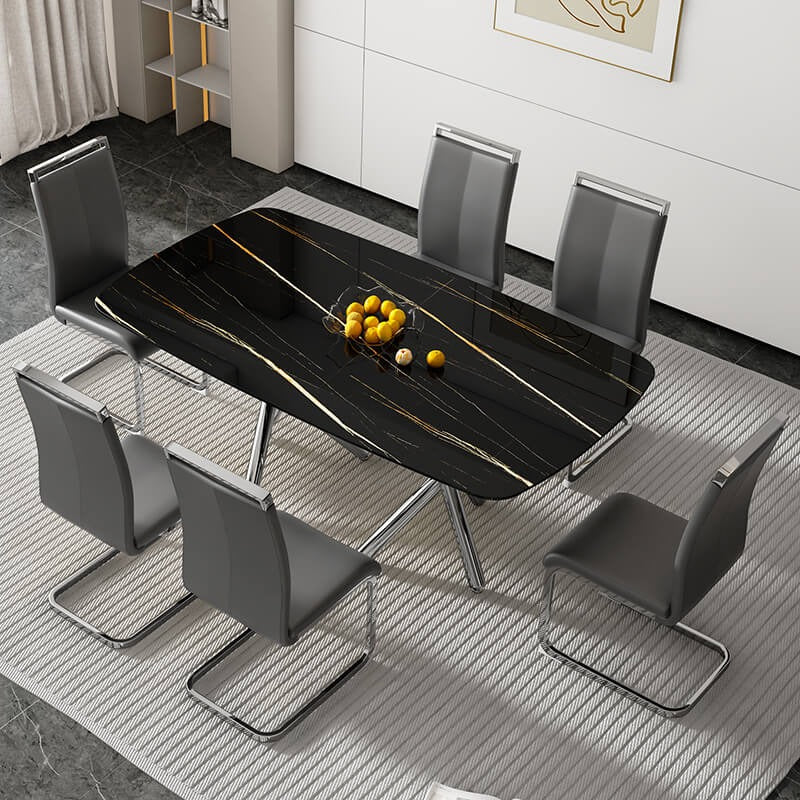 70.9" Black Faux Marble Glass Dining Table with Silver Chrome Legs