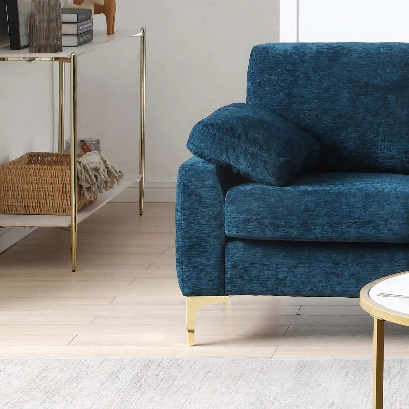 Ensemble de canapé 2 pièces en chenille bleue capitonnée en losanges avec 4 coussins d'accoudoir amovibles