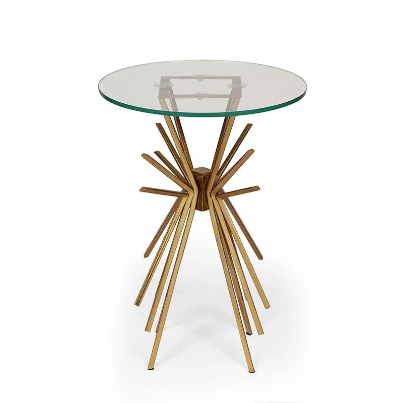Round Glass and Gold Metal Side Table with Sunburst Base Design