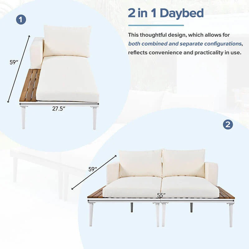 Lit de jour d'extérieur moderne beige 2 en 1 avec espace latéral recouvert de bois