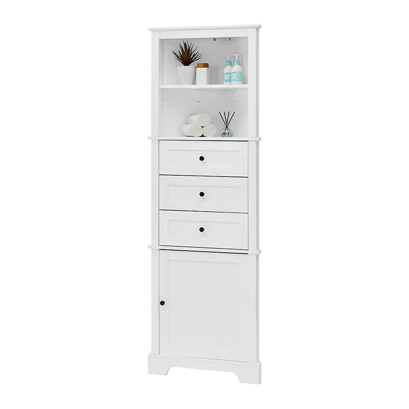 Tall White Bathroom Corner Cabinet with 3 Drawers & Adjustable Shelves