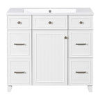 36" White Bathroom Vanity with Resin Sink, 6 Drawers & Soft-Close Cabinet