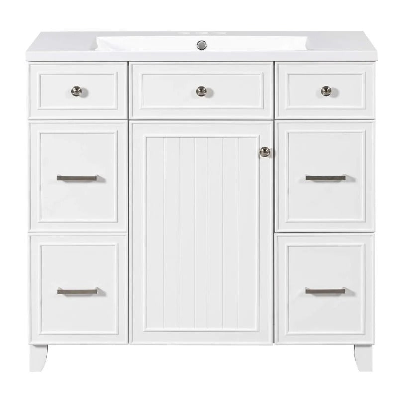 36" White Bathroom Vanity with Resin Sink, 6 Drawers & Soft-Close Cabinet