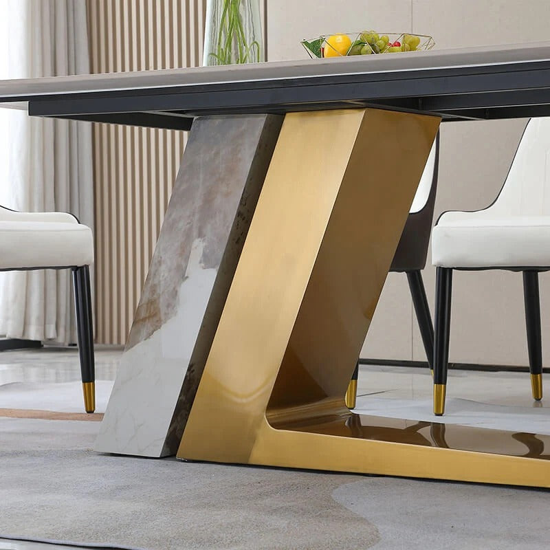 Rectangle Sintered Stone Dining Table with Gold L-Shaped Pedestal Base