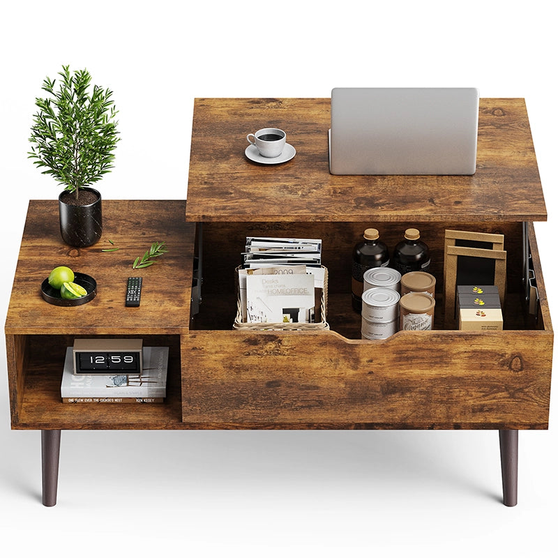 Table basse moderne rustique en bois brun avec plateau relevable, rangement et étagère