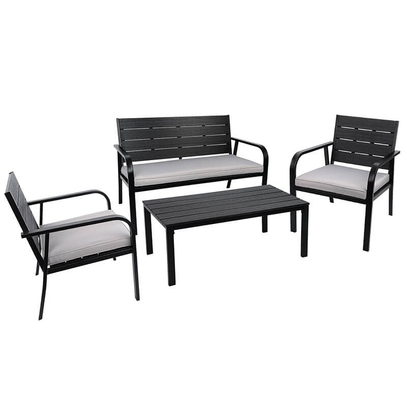 4-Piece Black & Grey PE Wicker Patio Conversation Set with Cushions & Coffee Table