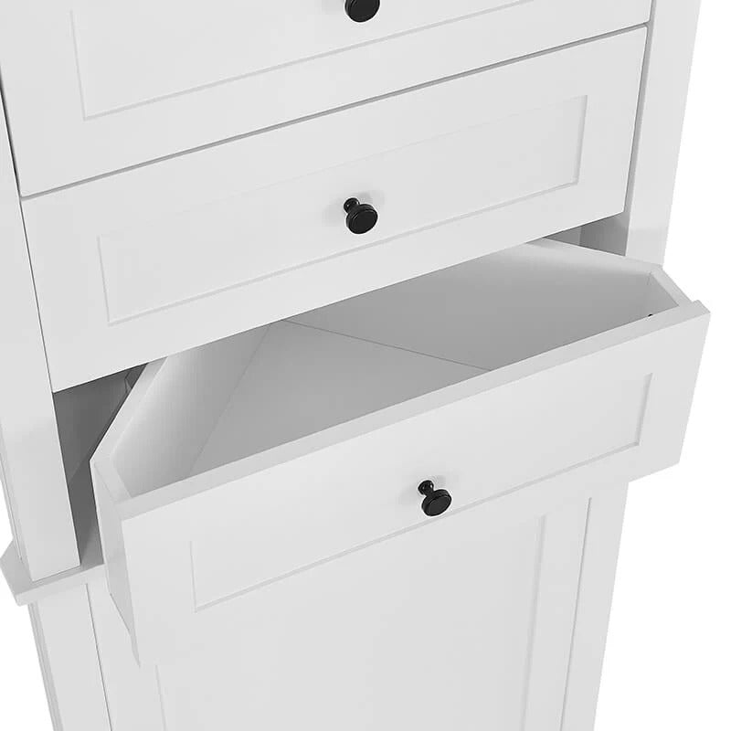 Tall White Bathroom Corner Cabinet with 3 Drawers & Adjustable Shelves