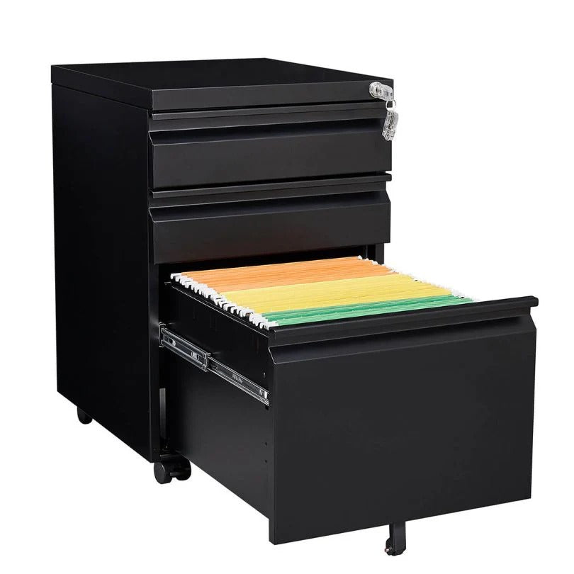 3-Drawer Mobile Metal Filing Cabinet with Lock and Casters