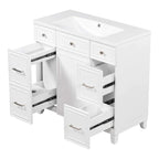 36" White Bathroom Vanity with Resin Sink, 6 Drawers & Soft-Close Cabinet
