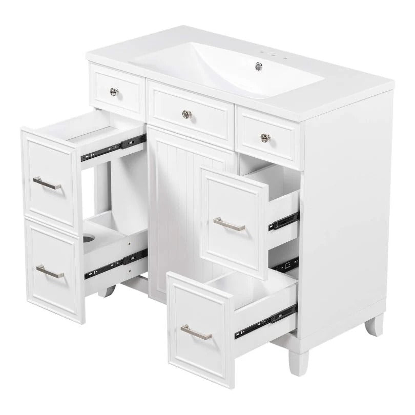 36" White Bathroom Vanity with Resin Sink, 6 Drawers & Soft-Close Cabinet