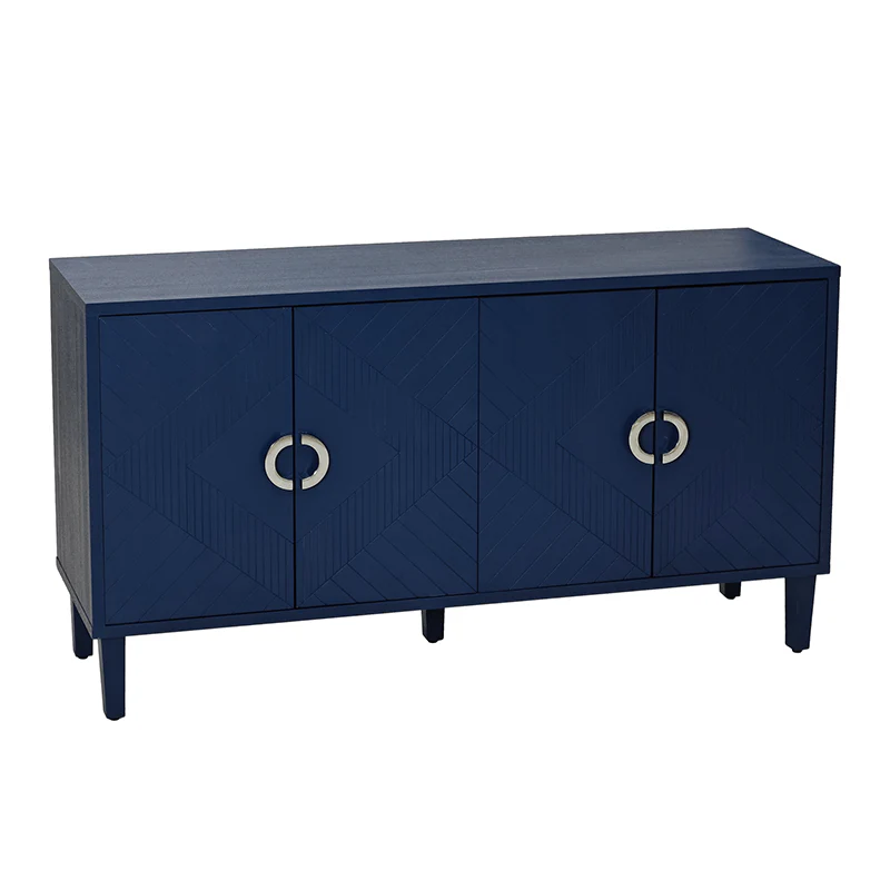 Modern Navy Blue Four-Door Cabinet with Pine Legs and Four Shelves