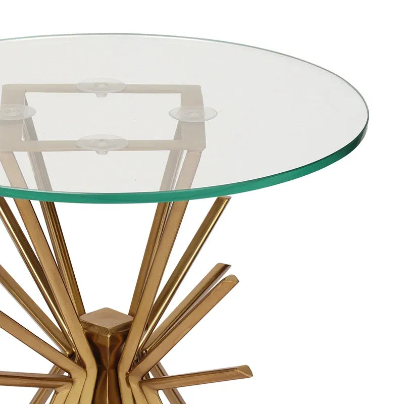 Round Glass and Gold Metal Side Table with Sunburst Base Design