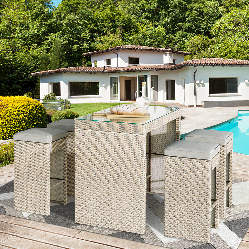 5-Piece Brown Rattan Outdoor Bar Dining Set with Cushioned Stools