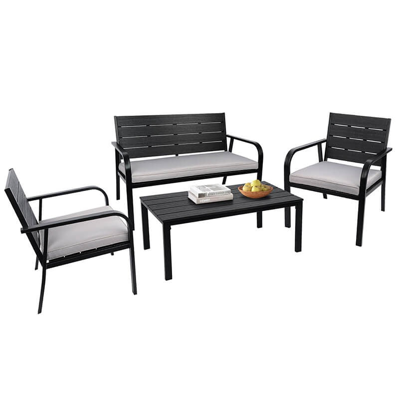 4-Piece Black & Grey PE Wicker Patio Conversation Set with Cushions & Coffee Table
