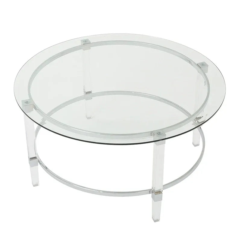 Round Clear Glass Coffee Table with Acrylic and Iron Accents in Modern Design