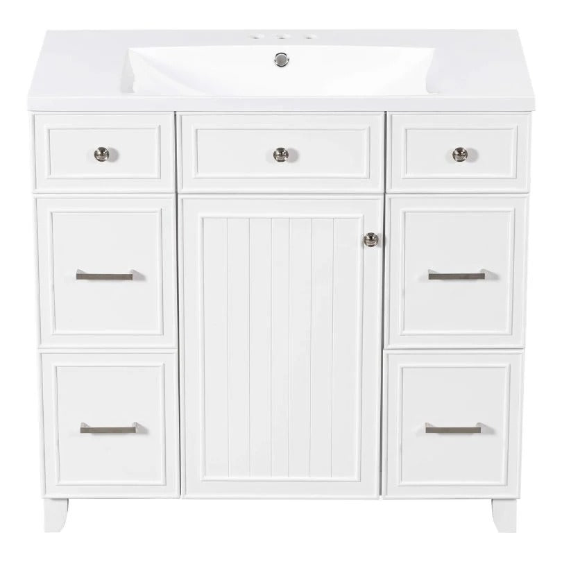 36" White Bathroom Vanity with Resin Sink, 6 Drawers & Soft-Close Cabinet