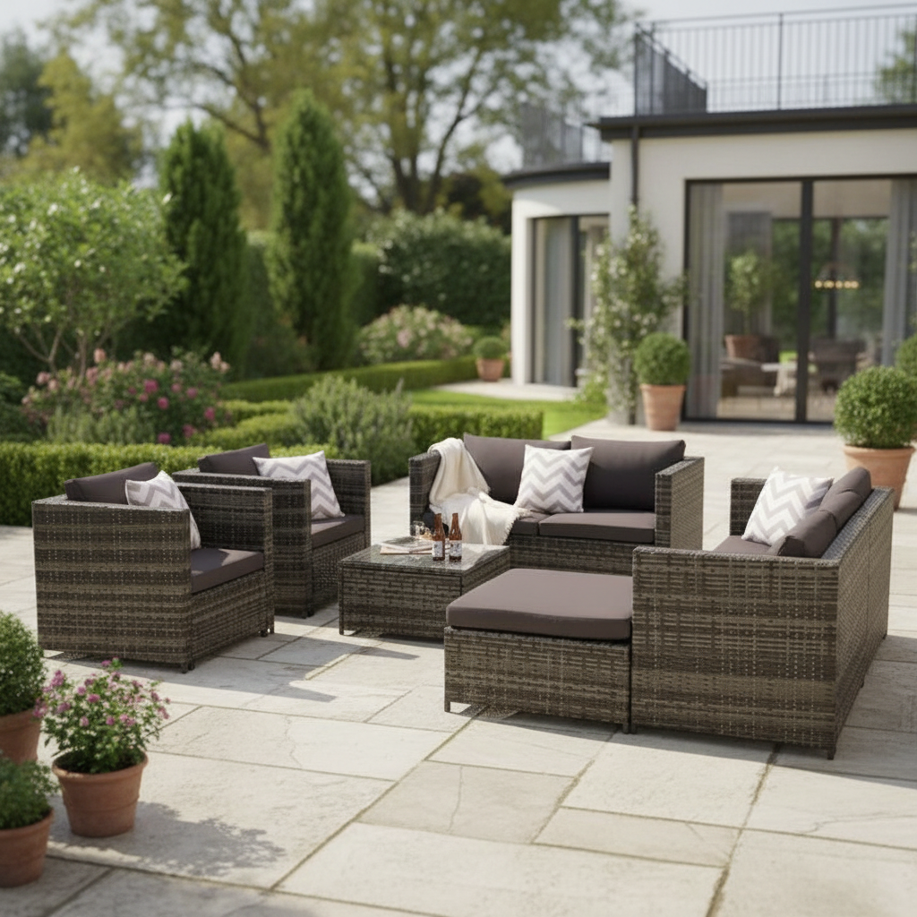 Dark Gray 6-Piece Wicker Rattan Patio Set with Cushions & Glass Coffee Table