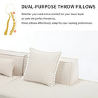 Beige L-shaped sectional sofa with throw pillows showing back support comfort - Elirian