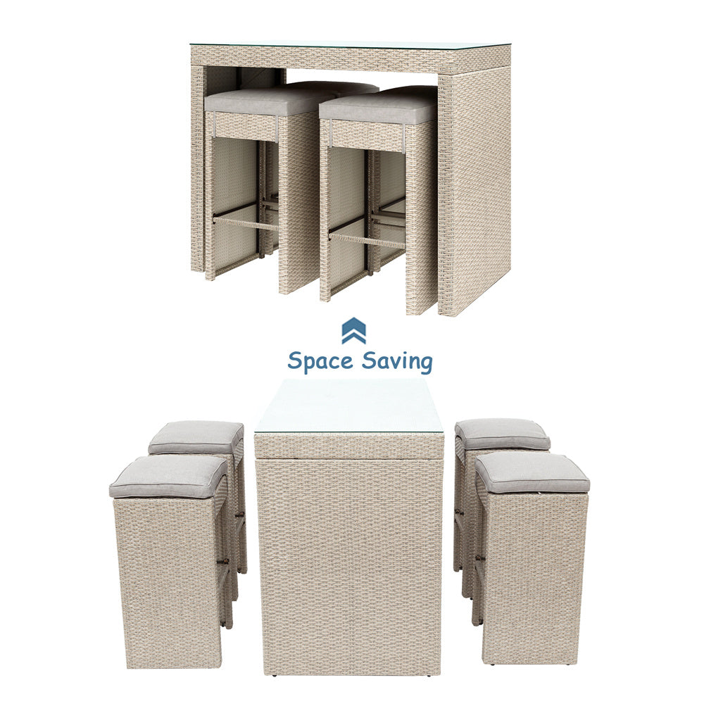 5-Piece Brown Rattan Outdoor Bar Dining Set with Cushioned Stools