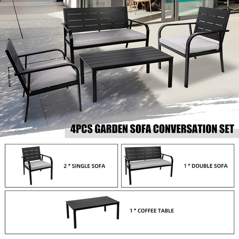 4-Piece Black & Grey PE Wicker Patio Conversation Set with Cushions & Coffee Table