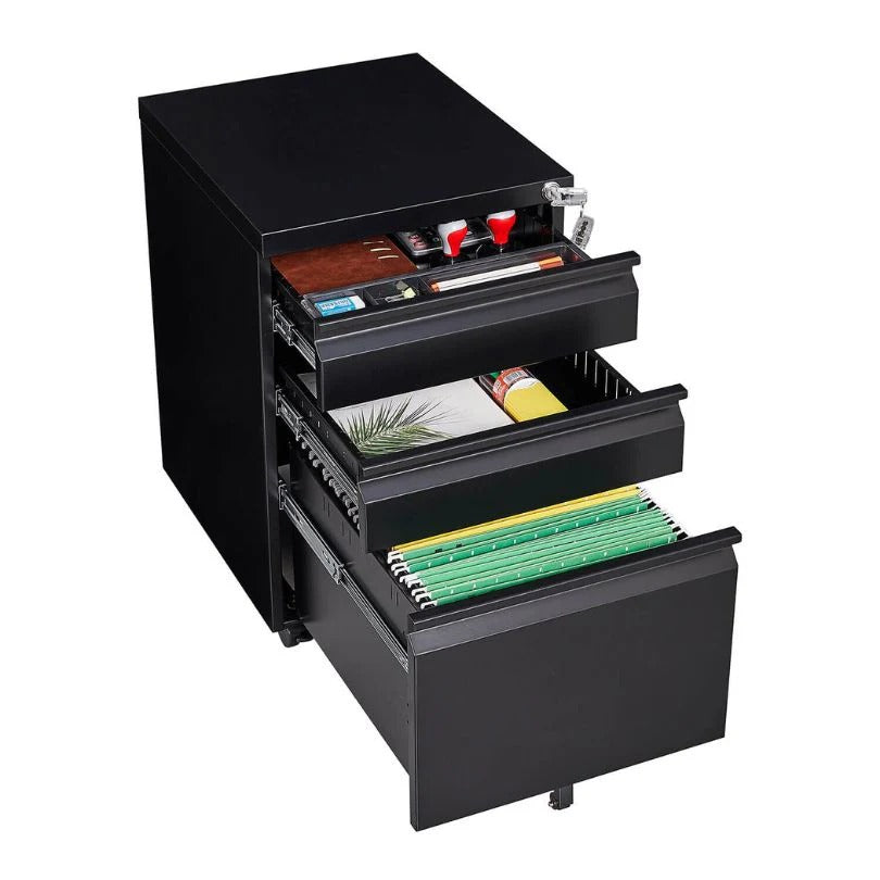 3-Drawer Mobile Metal Filing Cabinet with Lock and Casters
