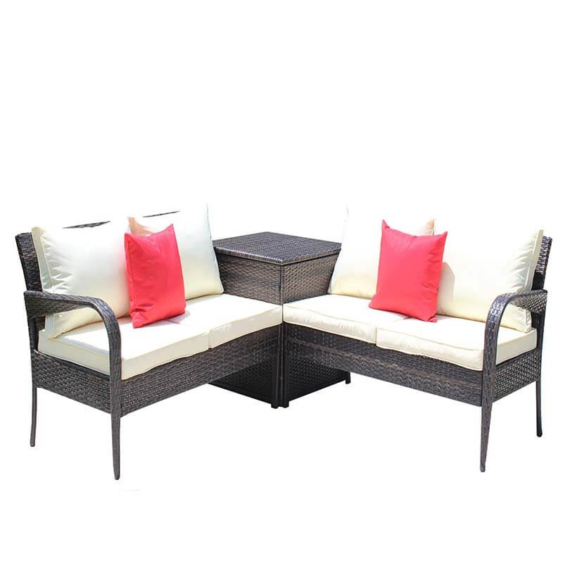 Brown 3-Piece Rattan Outdoor Sectional Sofa Set with Storage Table & Beige Cushions