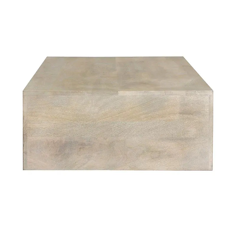 Moderner rechteckiger Couchtisch aus weiß gekalktem Holz mit Kufengestell