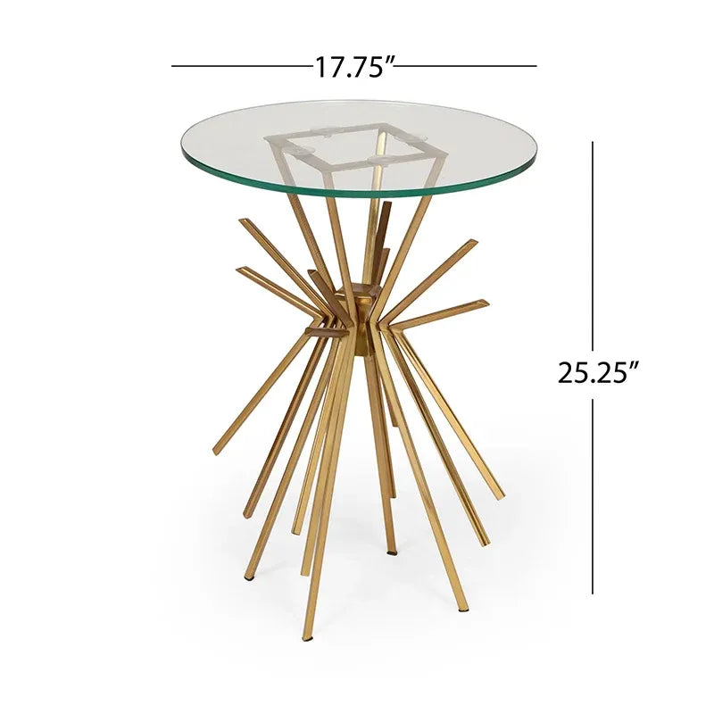Round Glass and Gold Metal Side Table with Sunburst Base Design
