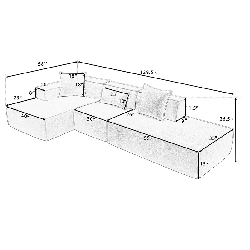 Modern beige L-shaped sectional sofa with left chaise and detailed measurements - Elirian