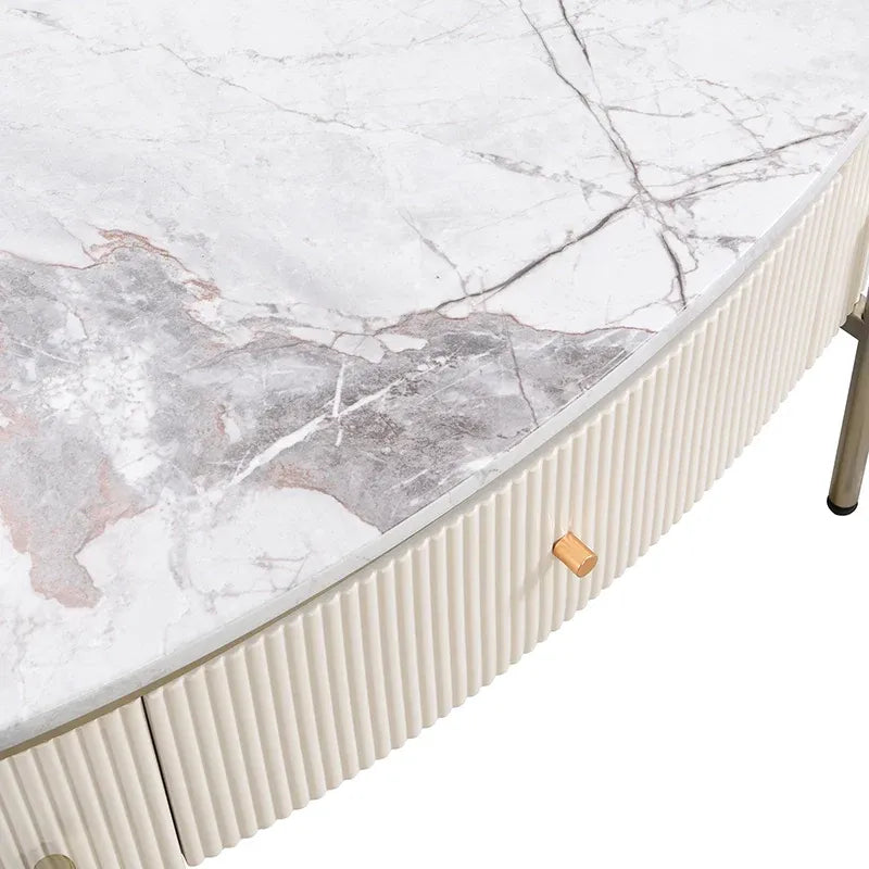 Table basse ovale blanche avec plateau en faux marbre et 2 grands tiroirs