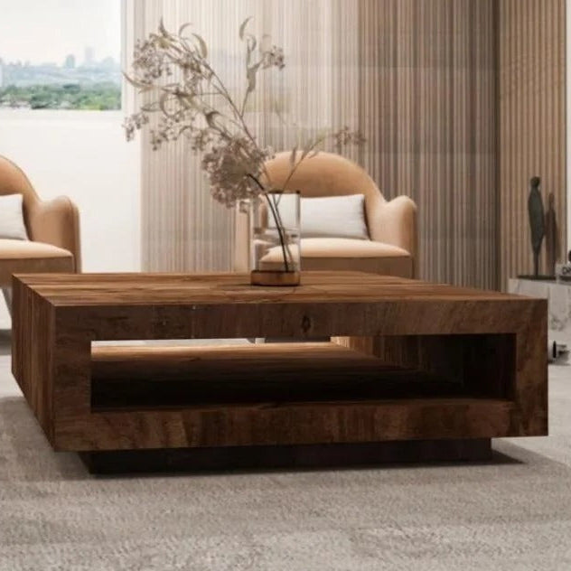 Table basse carrée en bois haut de gamme, profil bas, avec étagère ouverte