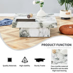 Weißer, kompakter Couchtisch in Marmoroptik mit Edelstahlablage