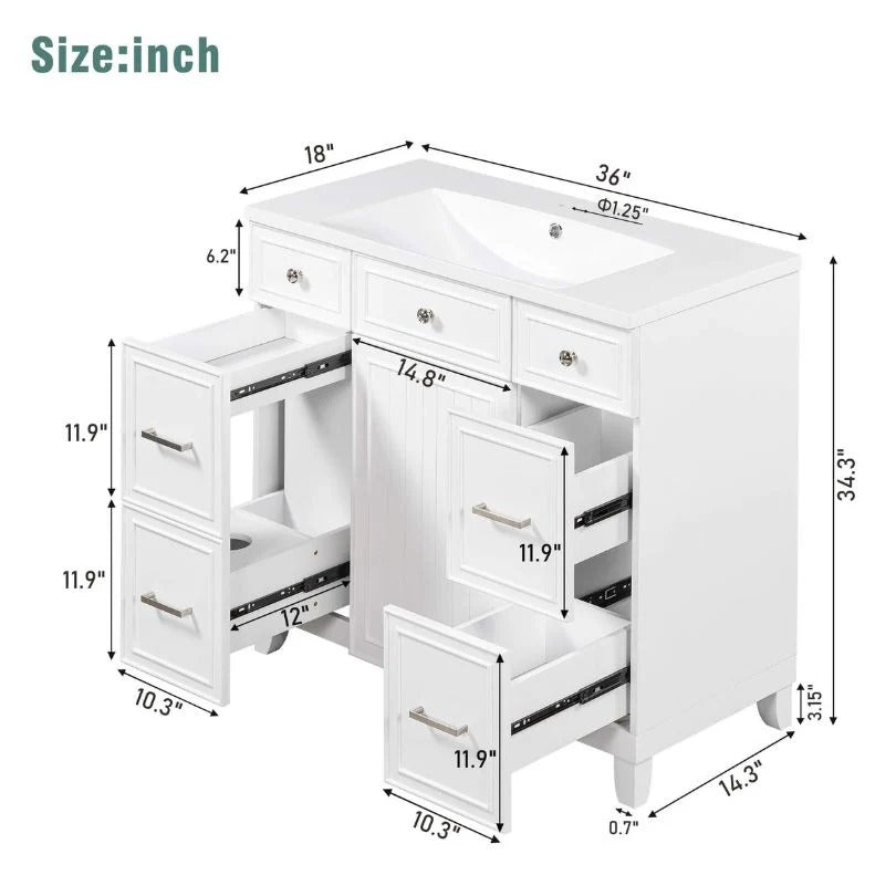 36" White Bathroom Vanity with Resin Sink, 6 Drawers & Soft-Close Cabinet