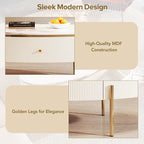 Table basse ovale blanche avec plateau en faux marbre et 2 grands tiroirs