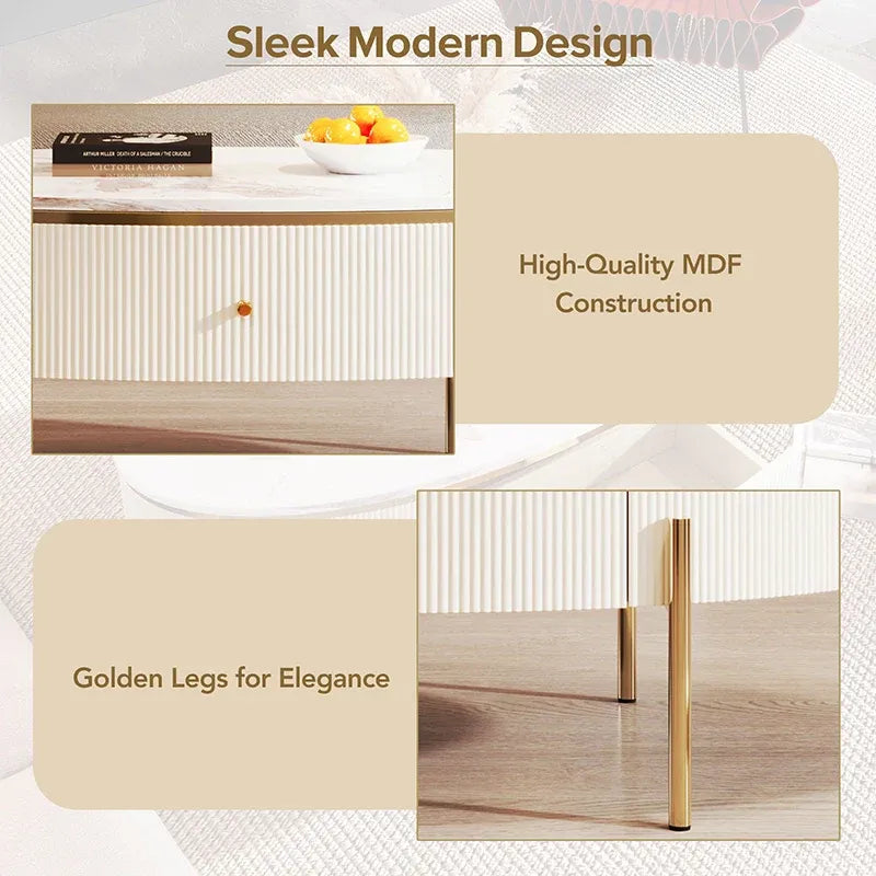 Table basse ovale blanche avec plateau en faux marbre et 2 grands tiroirs