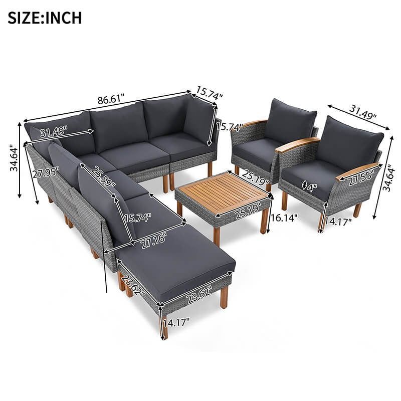 9-Piece Gray Rattan Patio Conversation Set with Acacia Wood Legs & Cushions